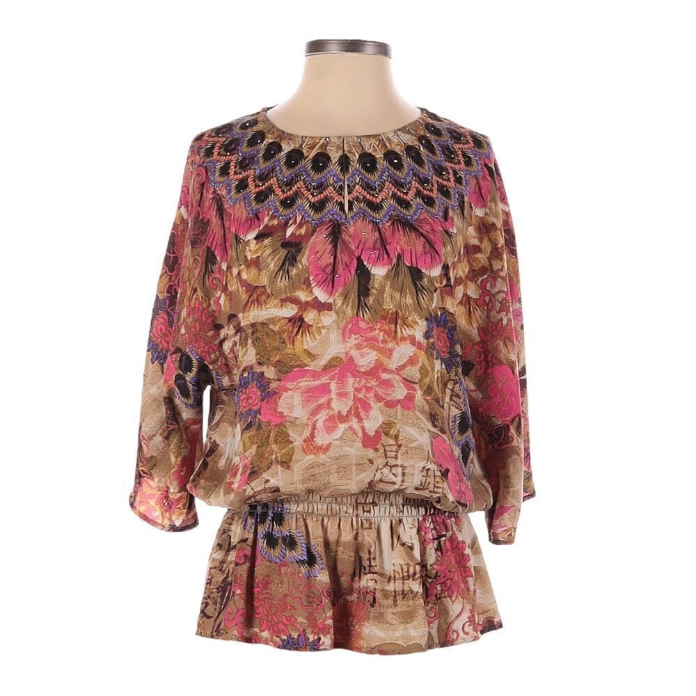 Chico’s Boho Feather Colorful Print Rhinestone Lightweight Blouson Size 1 (M)